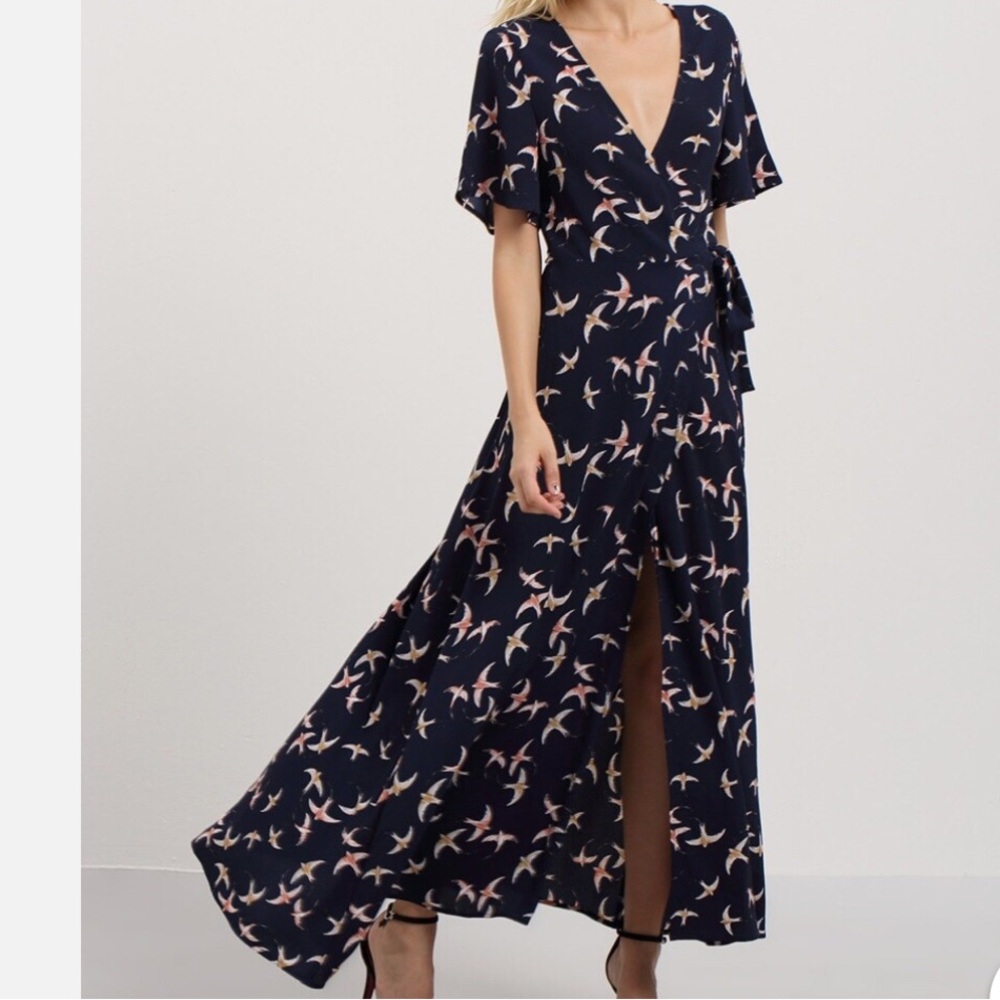 Like New Navy Wrap Maxi Dress Birds Design Short Sleeves Flowy Summer Size XS
